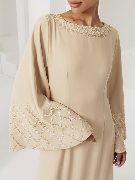 BEIGE CREPE SEMI-FITTED DRESS WITH EMBROIDERY