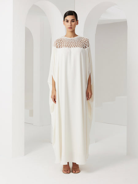 OFF WHITE CREPE LOOSE-FIT DRESS WITH PIPING EMBROIDERY