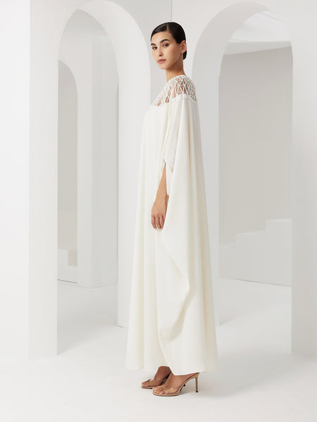 OFF WHITE CREPE LOOSE-FIT DRESS WITH PIPING EMBROIDERY