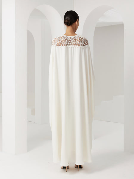 OFF WHITE CREPE LOOSE-FIT DRESS WITH PIPING EMBROIDERY