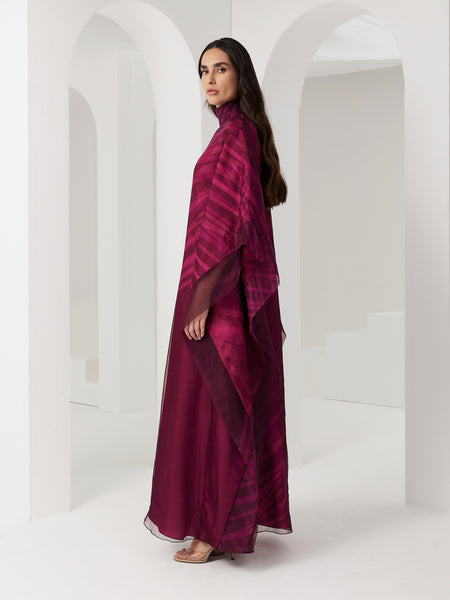 MAGENTA PRINTED SATIN AND ORGANZA LOOSE-FIT DRESS WITH EMBROIDERY