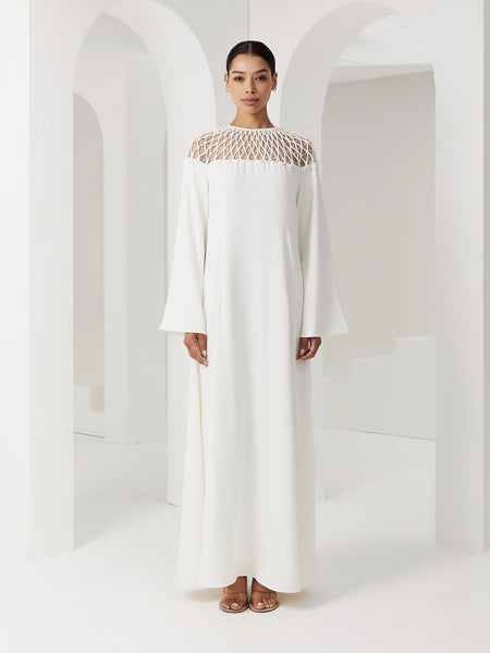OFF WHITE CREPE SEMI-FIT DRESS WITH PIPING EMBROIDERY