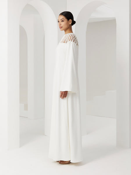 OFF WHITE CREPE SEMI-FIT DRESS WITH PIPING EMBROIDERY