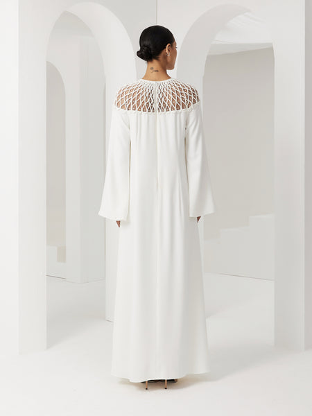 OFF WHITE CREPE SEMI-FIT DRESS WITH PIPING EMBROIDERY