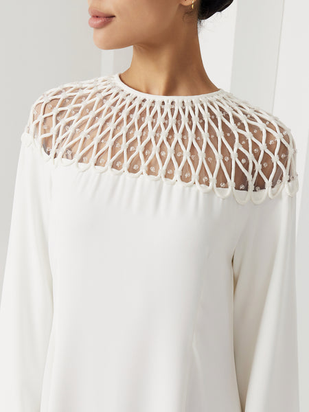 OFF WHITE CREPE SEMI-FIT DRESS WITH PIPING EMBROIDERY