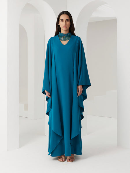 TEAL BLUE FLARED SLEEVE CREPE DRESS WITH EMBROIDERY