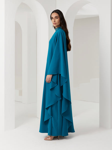 TEAL BLUE FLARED SLEEVE CREPE DRESS WITH EMBROIDERY
