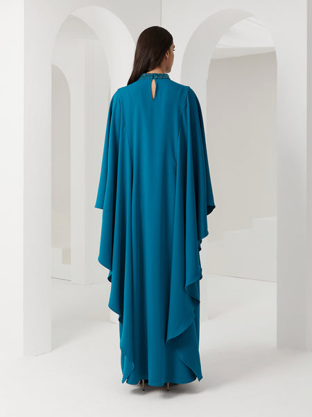 TEAL BLUE FLARED SLEEVE CREPE DRESS WITH EMBROIDERY