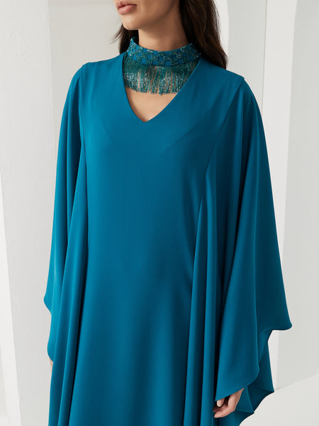 TEAL BLUE FLARED SLEEVE CREPE DRESS WITH EMBROIDERY