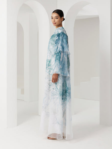PRINTED ORGANZA AND SATIN PLEATED SLEEVE LOOSE-FIT DRESS