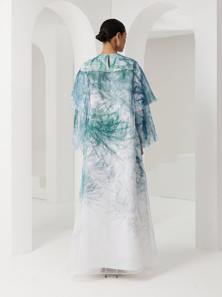 PRINTED ORGANZA AND SATIN PLEATED SLEEVE LOOSE-FIT DRESS