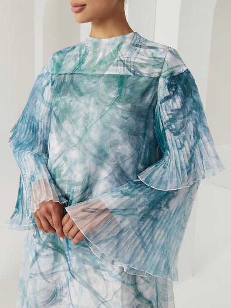PRINTED ORGANZA AND SATIN PLEATED SLEEVE LOOSE-FIT DRESS