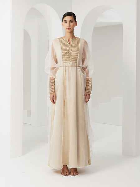 CREAM ORGANZA OVERLAY LOOSE-FIT DRESS WITH PIPING EMBROIDERY AND BELT