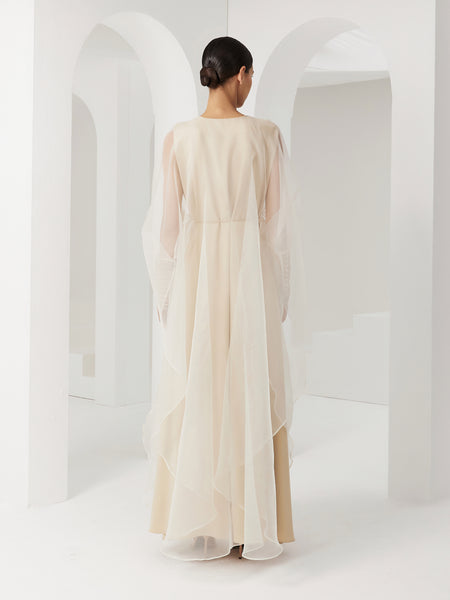 CREAM ORGANZA OVERLAY LOOSE-FIT DRESS WITH PIPING EMBROIDERY AND BELT