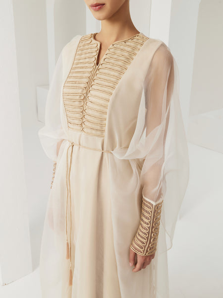CREAM ORGANZA OVERLAY LOOSE-FIT DRESS WITH PIPING EMBROIDERY AND BELT