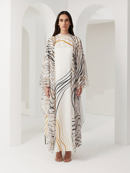 OFF WHITE PRINTED SATIN AND SOFT TULLE DRESS WITH COWL CAPE