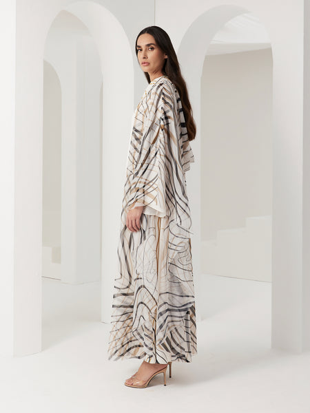 OFF WHITE PRINTED SATIN AND SOFT TULLE DRESS WITH COWL CAPE