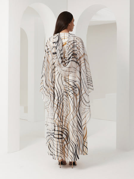 OFF WHITE PRINTED SATIN AND SOFT TULLE DRESS WITH COWL CAPE