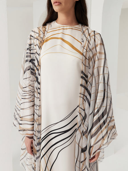 OFF WHITE PRINTED SATIN AND SOFT TULLE DRESS WITH COWL CAPE