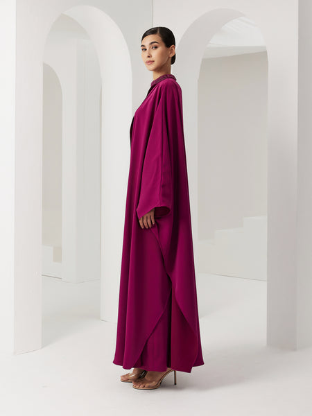 BURGUNDY ASYMMETRIC PRINTED AND EMBROIDERED COLLAR DRESS