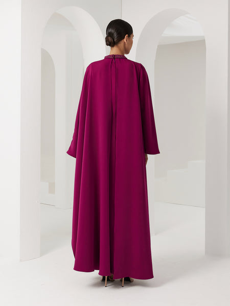 BURGUNDY ASYMMETRIC PRINTED AND EMBROIDERED COLLAR DRESS