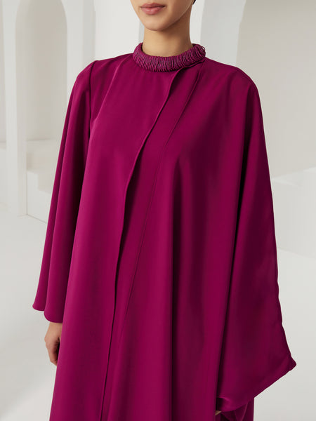 BURGUNDY ASYMMETRIC PRINTED AND EMBROIDERED COLLAR DRESS