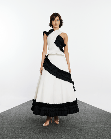 ASYMMETRIC RUFFLED TOP AND SKIRT IN TAFFETA WITH EMBROIDERY