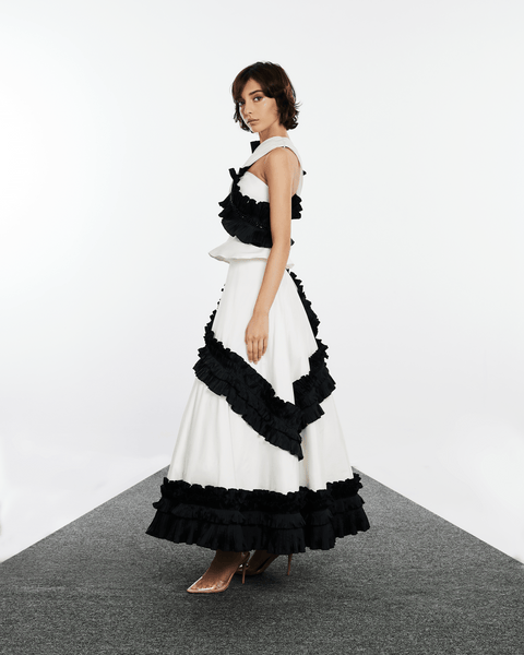 ASYMMETRIC RUFFLED TOP AND SKIRT IN TAFFETA WITH EMBROIDERY
