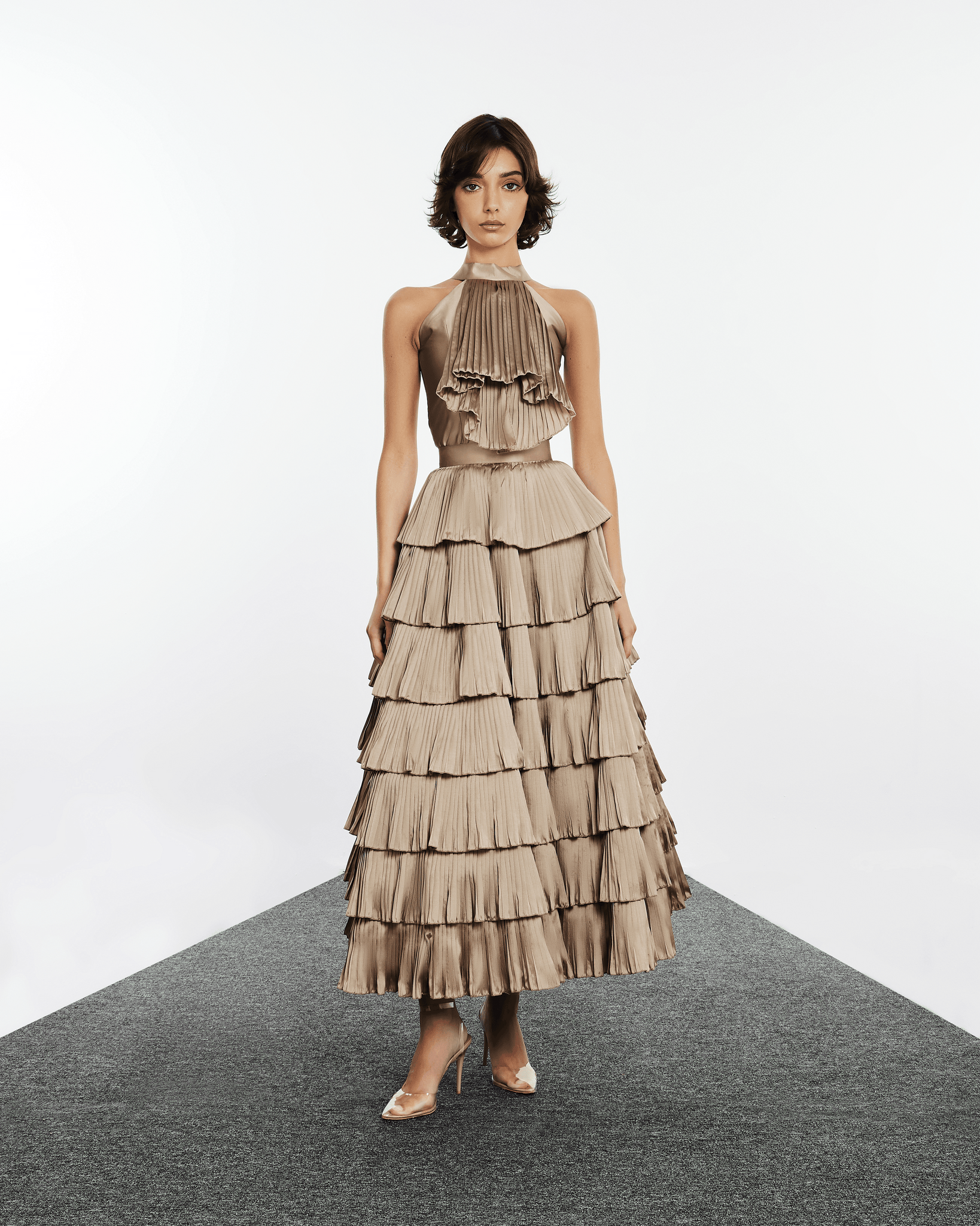 PLEATED RUFFLED SKIRT IN TAFFETA WITH HALTER NECK TOP