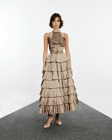 PLEATED RUFFLED SKIRT IN TAFFETA WITH HALTER NECK TOP