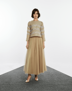 EMBROIDERED ORGANZA TOP WITH TULLE AND TAFFETA FLARED SKIRT