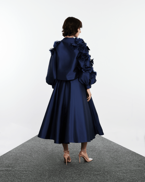TAFFETA JACKET WITH LASER CUT FLOWERS AND FLARED SKIRT WITH INNER TOP