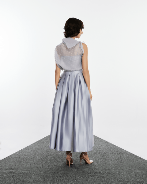 GREY EMBROIDERED TULLE AND TAFFETA PLEATED SKIRT