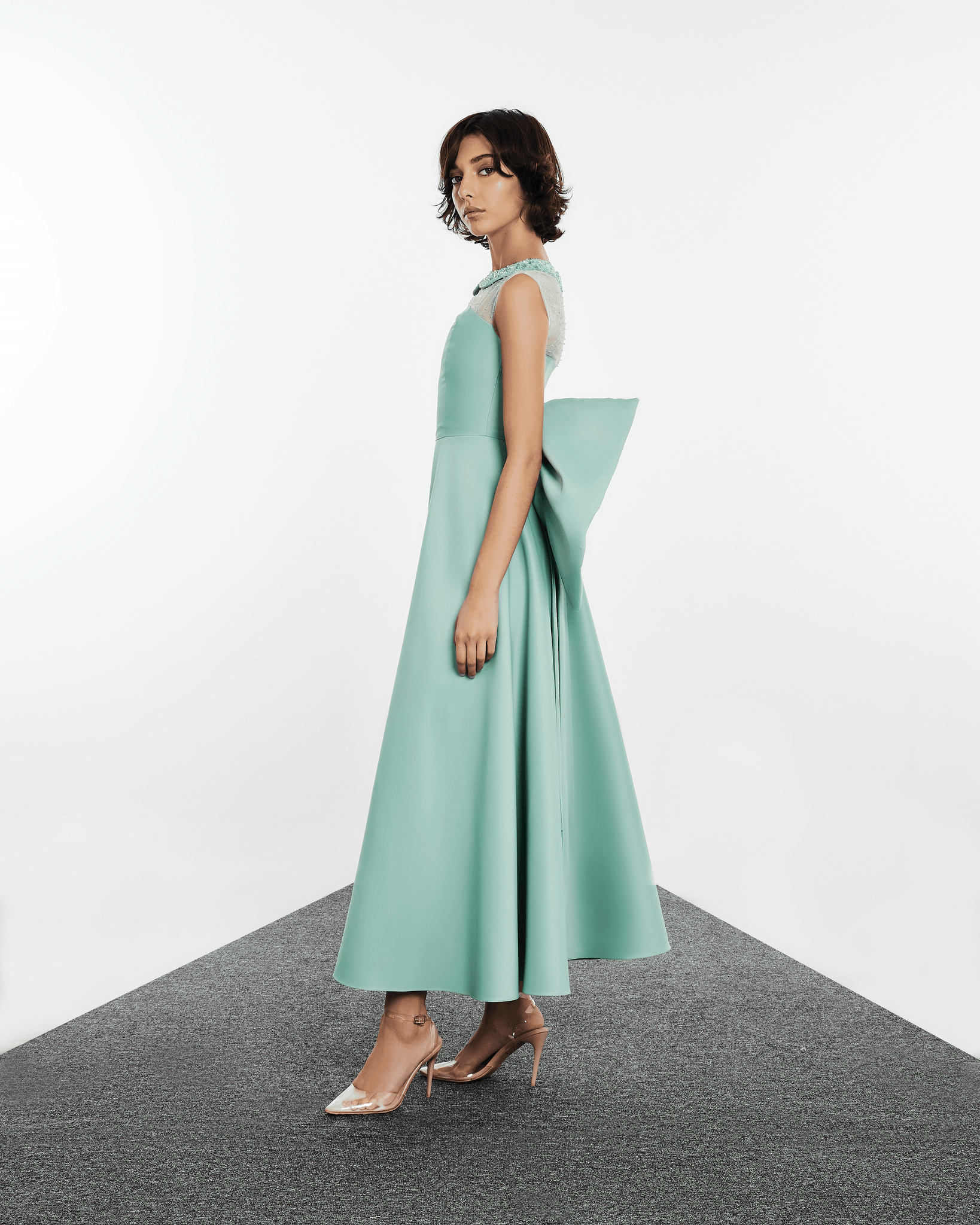 TIFFANY BLUE SATIN DRESS WITH EXAGGERATED BOW – THA SEEN