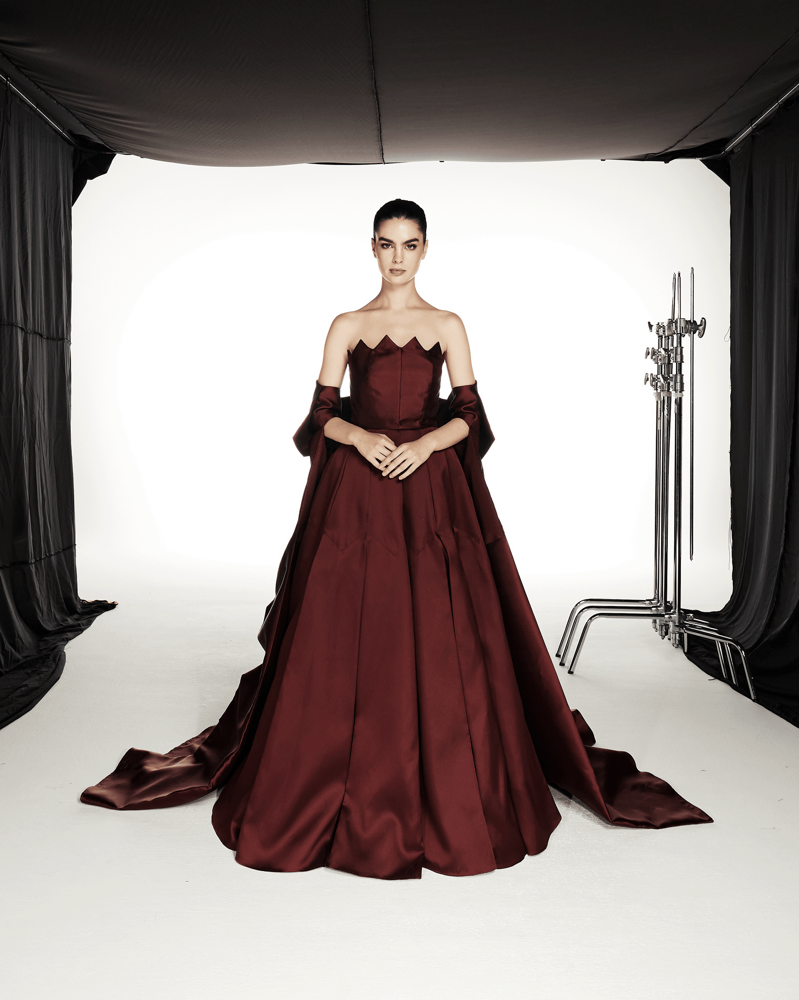 MAROON MULTI-PANEL SATIN FLARED DRESS WITH CAPE THA SEEN MAROON MULTI-PANEL SATIN FLARED DRESS WITH CAPE THA SEEN