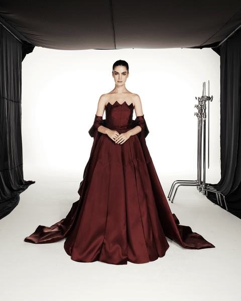 MAROON MULTI-PANEL SATIN FLARED DRESS WITH CAPE THA SEEN MAROON MULTI-PANEL SATIN FLARED DRESS WITH CAPE THA SEEN