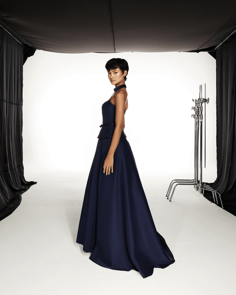 NAVY BLUE SATIN PEPLUM TUBE DRESS THA SEEN NAVY BLUE SATIN PEPLUM TUBE DRESS THA SEEN
