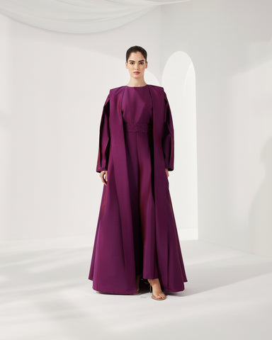PURPLE TAFFETA ABAYA WITH INNER JUMPSUIT AND EMBROIDERED BELT