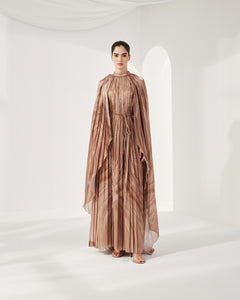 PLEATED BEIGE PRINTED SHINY ORGANZA LOOSE DRESS WITH BELT