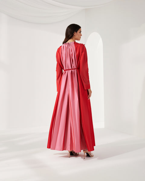 PINK AND RED SATIN PANEL EMBROIDERED DRESS WITH BELT