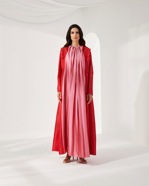 PINK AND RED SATIN PANEL EMBROIDERED DRESS WITH BELT