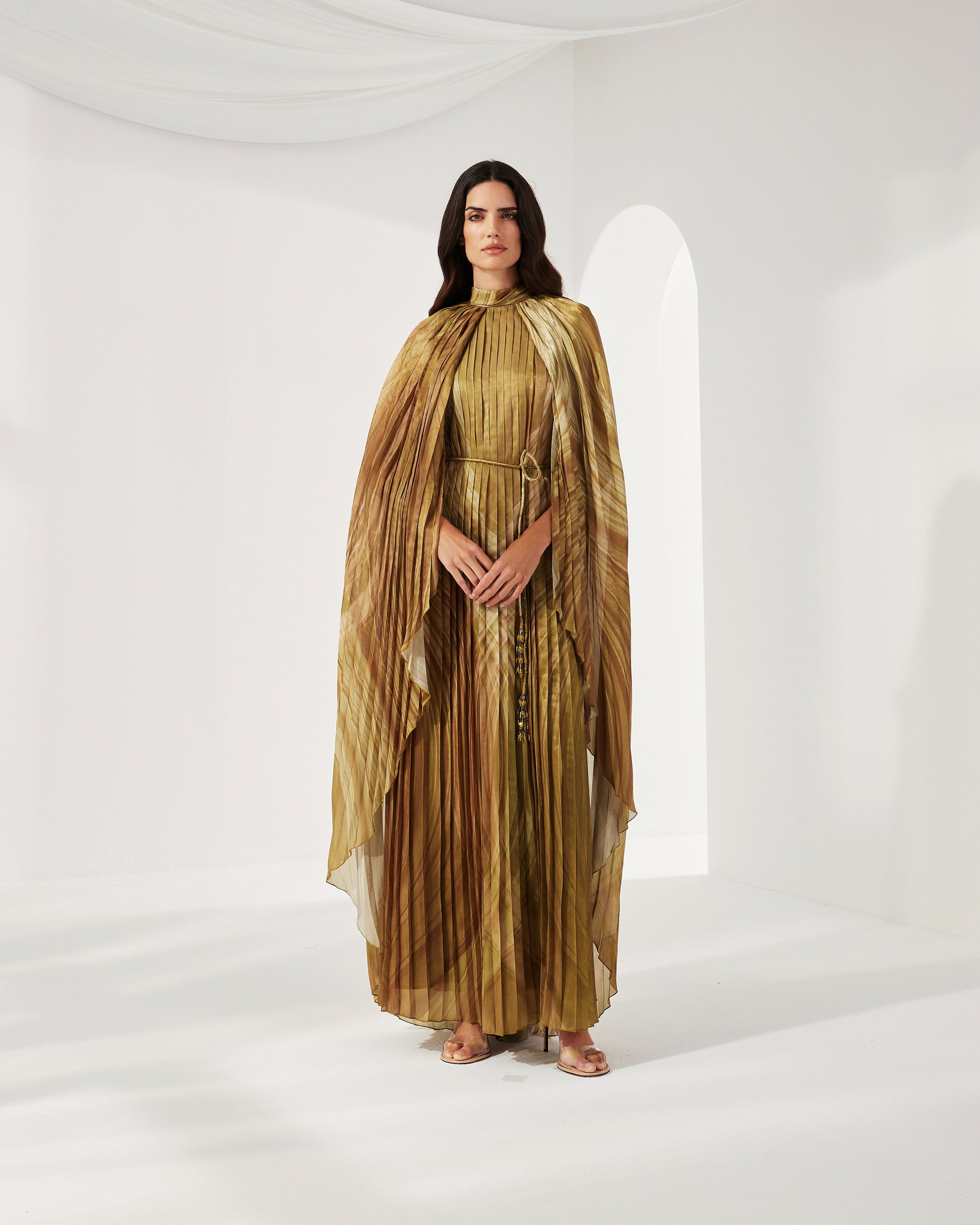 PLEATED GOLDEN PRINTED SHINY ORGANZA LOOSE DRESS WITH BELT