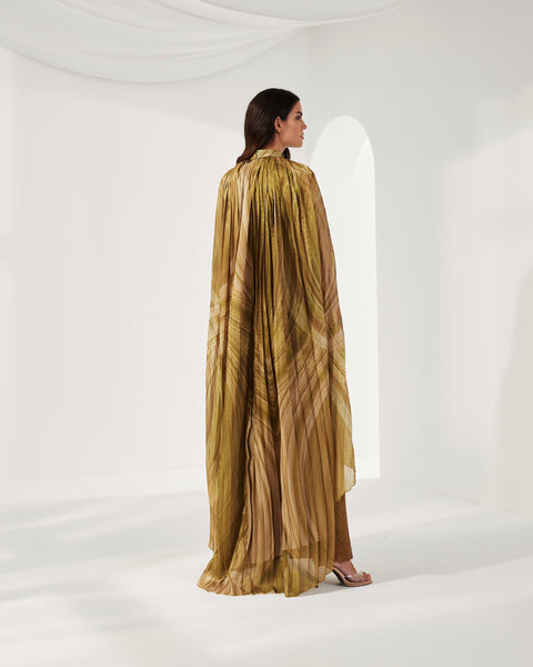 PLEATED GOLDEN PRINTED SHINY ORGANZA LOOSE DRESS WITH BELT