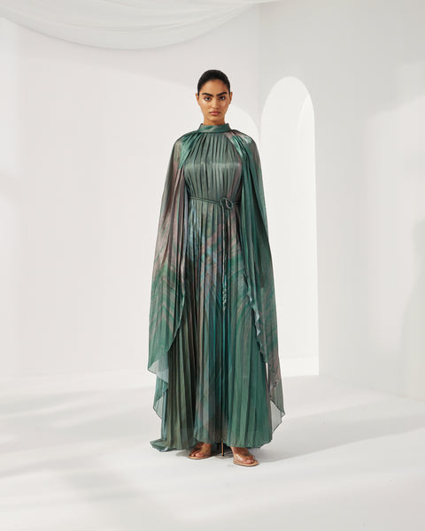 PLEATED GREEN PRINTED SHINY ORGANZA LOOSE DRESS WITH BELT