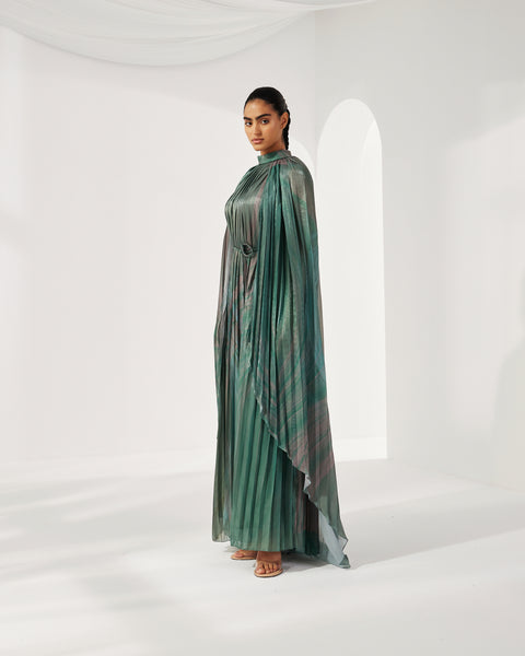 PLEATED GREEN PRINTED SHINY ORGANZA LOOSE DRESS WITH BELT
