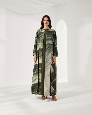 GREEN RAW SILK PRINTED ABAYA WITH SLEEVELESS INNER