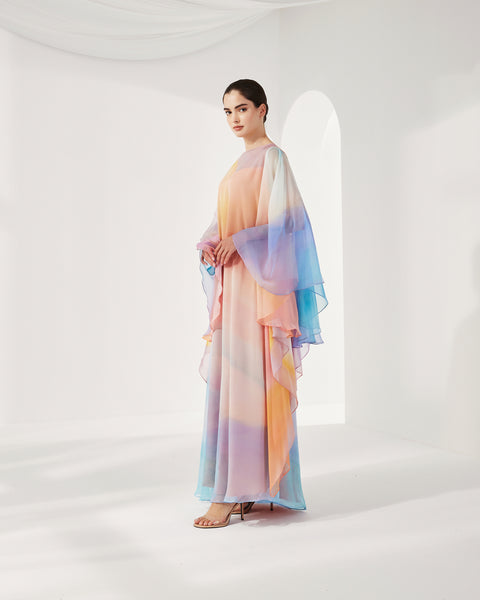 PASTEL MULTICOLOR PRINTED CHIFFON OVERSIZED DRESS WITH LONG SLEEVES