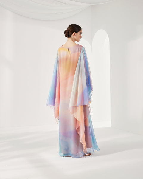PASTEL MULTICOLOR PRINTED CHIFFON OVERSIZED DRESS WITH LONG SLEEVES