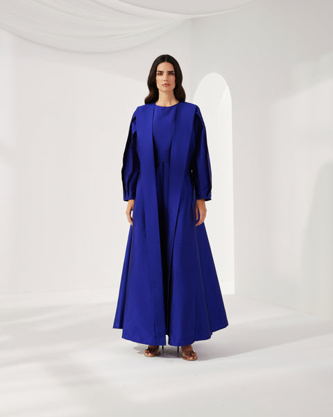 BLUE TAFFETA ABAYA WITH INNER JUMPSUIT AND EMBROIDERED BELT