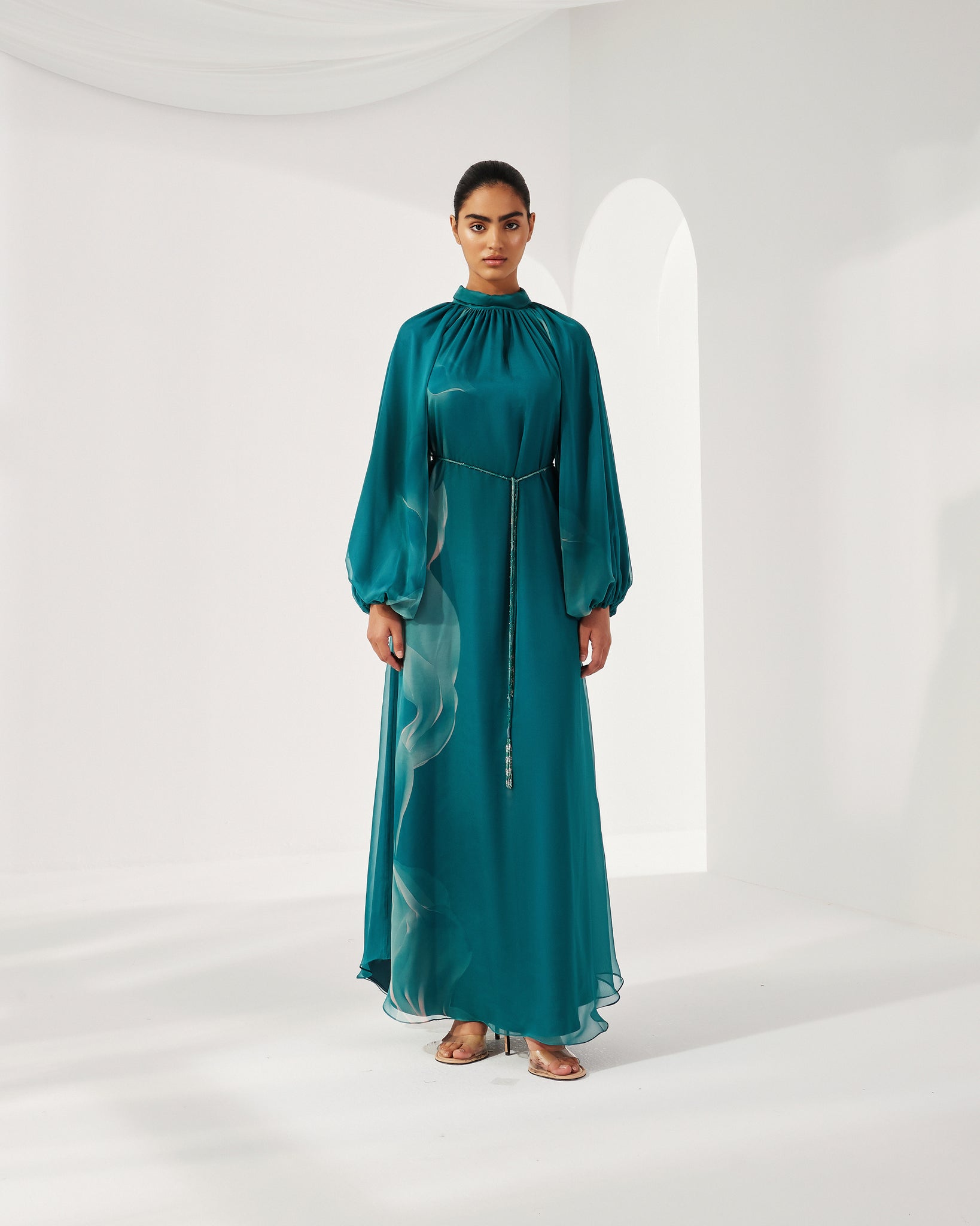 TEAL PRINTED CHIFFON OVERSIZED DRESS WITH BELT